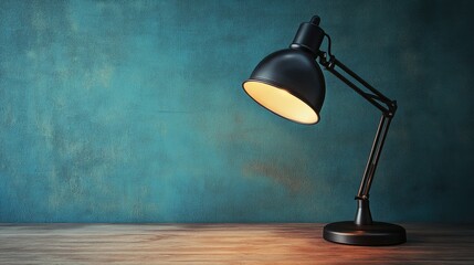 Poster - Elegant desk lamp casting a soft glow on wooden surface with textured teal background perfect for adding your own text or design.