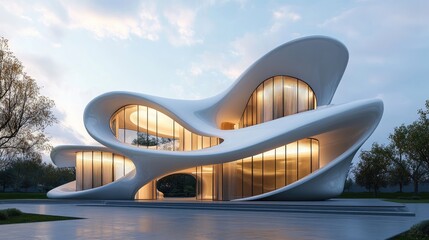 Poster - Curvilinear Architecture by Modern Designers Innovative Structure with Copy Space for Text and Bright Sky Background