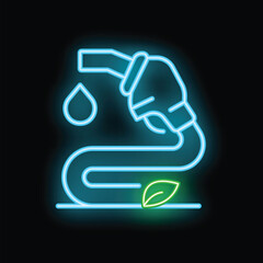 Canvas Print - Glowing neon icon representing biofuel with a gas pump nozzle connected to a green leaf