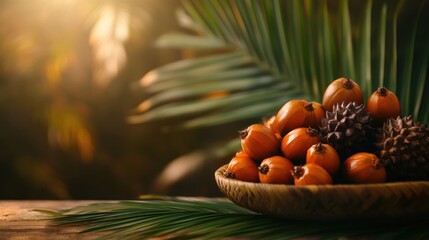 Aufkleber - Close up of ripe palm oil fruits on woven plate with palm leaves and sunlight creating a warm tropical atmosphere and empty text space