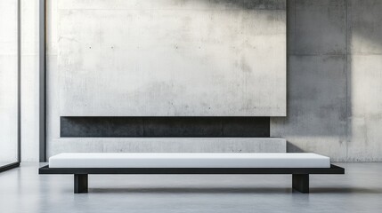 Poster - Industrial style living room featuring a minimalist white sofa and long black bench against a concrete wall with fireplace ambiance.