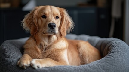 Aufkleber - Golden retriever puppy relaxing on a cozy bed with soft fur highlighting tranquility and warmth suitable for pet-related themes