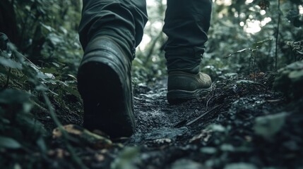 Aufkleber - Close up of hiker's boots on a muddy trail in a lush mountain forest with natural greenery and space for text placement