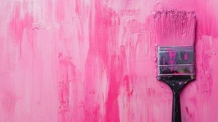 Poster - Close Up of Paint Brush Against Pink Wall Blank Space for Creative Text and Design Ideas