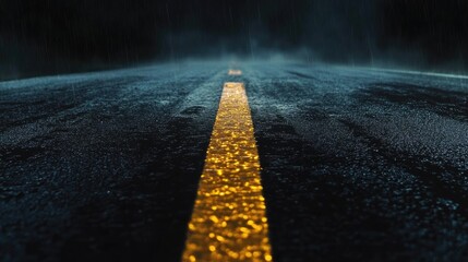 Poster - Close up of heavy rain on a dark asphalt road with a reflective yellow line and empty space for text in a moody atmosphere