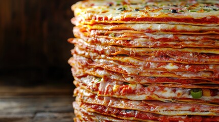 Aufkleber - Large stack of delicious pizzas in a warm restaurant atmosphere with ample empty space for promotional text or menu display