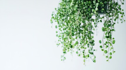 Poster - Close Up of Lush Green Hanging Plant Against Neutral Background with Space for Text and Design Elements