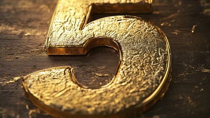 Poster - Shiny golden number five on textured surface with ample copy space for elegant text or design incorporation