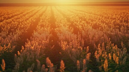 Poster - Sunset over hop fields with golden light illuminating empty space for text in a serene agricultural landscape