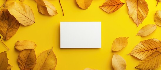 Poster - Minimalist Business Card Mockup on Yellow Background Surrounded by Autumn Leaves Featuring Empty Space for Custom Text and Branding