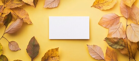 Poster - Minimalist Business Card Mockup Surrounded by Autumn Leaves on Textured Yellow Background with Empty Space for Custom Text Input