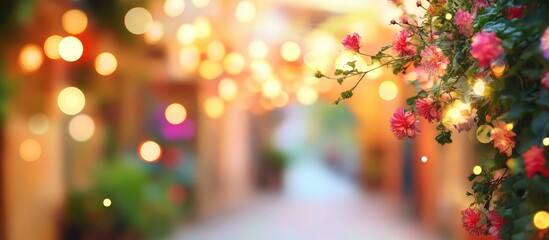 Poster - Charming bokeh lights and floral details in a vibrant street scene with ample copyspace for personalized text or messaging