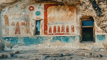 Poster - Cracked wall showcasing prehistoric cave art with glass windows creating a unique artistic wallpaper and inviting text space.