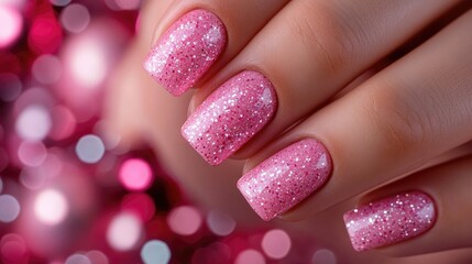 Poster - Sparkling pink glitter nail art on elegant fingers with soft bokeh background and ample space for creative text placement.