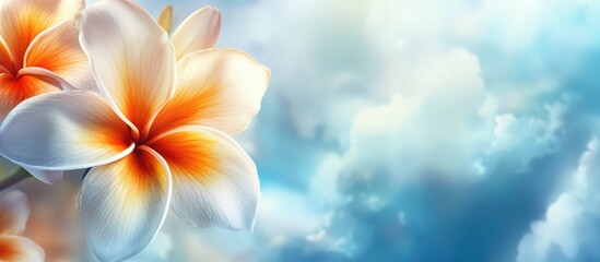 Poster - White and orange flower basking in sunlight with blurred blue sky and clouds creating a serene backdrop for text or design elements