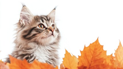 Poster - Fluffy kitten surrounded by vibrant autumn leaves with blank space for text or design elements in a warm seasonal composition