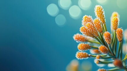 Poster - Macro shot of sprouted pine pollen grains glowing in sunlight with soft bokeh background and ample copy space for creative text or branding.