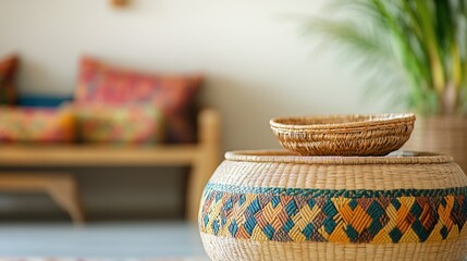 Poster - Traditional Rajasthani Decor in Modern Lounge with Wicker Table and Basket Accents Featuring Spacious Empty Area for Text or Branding