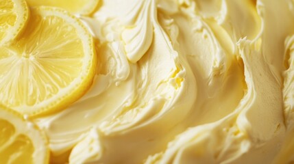 Aufkleber - Lemon cake close up with creamy frosting and lemon slices offering ample blank space for personalized text or advertising messages