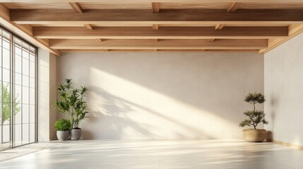 Poster - Cozy contemporary interior featuring solid maple wood beam ceiling and natural greenery in a spacious, light-filled environment.