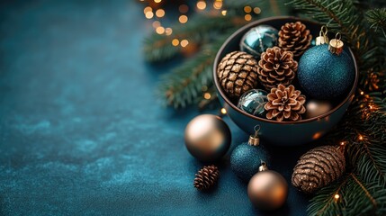 Poster - Festive Christmas decoration with blue ornaments and pinecones on a blurred light background ideal for winter holiday card designs