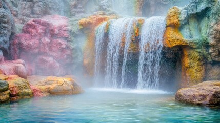 Poster - Vibrant waterfall cascading over colorful rocks with mist creating a serene atmosphere perfect for adding personalized text or messages