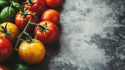 Aufkleber - Aromatic ripe tomatoes arranged on a textured surface with empty space for design or text ideal for recipes or culinary promotions