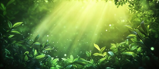 Poster - Serene Green Foliage with Sunlight Rays in Nature Background Featuring Empty Copyspace for Text Ideal for Nature or Wellness Themes