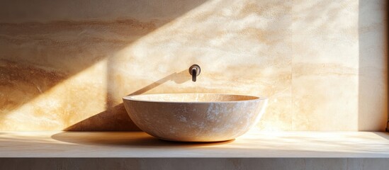 Poster - Minimalist Bathroom Design Featuring Elegant Marble Washbasin and Clean Lines with Soft Natural Light Illuminating the Space