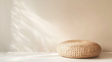 Poster - Wicker rattan round cushion on neutral backdrop ideal for Boho and Scandinavian interior design mockup with ample copy space.