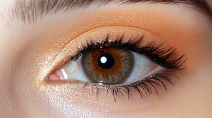Poster - Close up of a detailed human eye highlighting the iris and pupil with a soft focus on the eyelid and empty space for text overlay