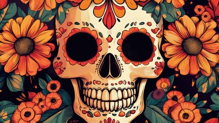 Fototapete - Colorful floral skull illustration with intricate design elements and vibrant flowers on a dark background, ideal for festive themes.