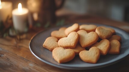 Aufkleber - Heart shaped biscuits on a rustic plate with warm candlelight creating an inviting atmosphere and ample space for your text or design