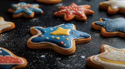 Poster - Decorative star-shaped Christmas cookies on a dark background with space for text and festive holiday atmosphere