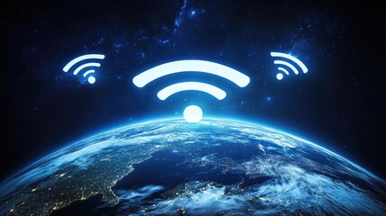 Poster - Global WiFi Network Concept with Earth and Wireless Signals Depicting Virtual Cyber Technology and Communication from Space
