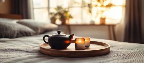 Poster - Cozy interior featuring a black teapot and candles on a wooden tray against a warm window setting inviting seasonal home decor vibes
