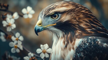 Poster - Majestic hawk portrait with delicate floral accents and ample copy space for text display or branding purposes.
