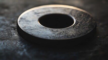 Poster - Close up of a textured metallic half ring with a central hole and ample space for text on a dark surface background