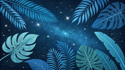 Celestial Tropics: A mesmerizing illustration of tropical leaves silhouetted against a deep blue night sky, adorned with shimmering stars and a celestial Milky Way.