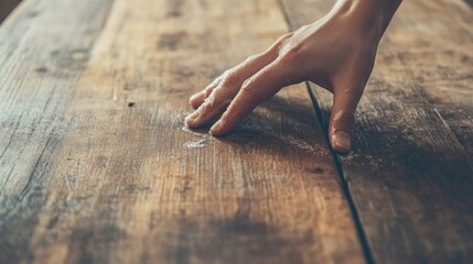 Poster - Hand gently cleaning a rustic wooden table with an emphasis on texture and empty space for customizable text or branding elements