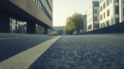 Poster - Modern urban street view featuring a close-up of asphalt road with contemporary buildings and clear space for text placement.
