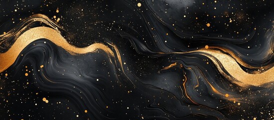 Poster - Luxurious abstract marbling texture background featuring gold and glitter on a dark surface with ample empty space for text inclusion