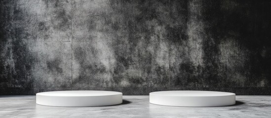 Poster - Minimalist exhibition space featuring two round white pedestals against a textured grey concrete wall with ample empty copy space for text.