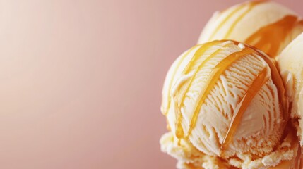 Poster - Close up of creamy ice cream with rich caramel drizzle against a soft pastel background ideal for promotional and advertising purposes