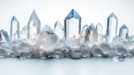 Poster - Top view of clear crystal quartz points on a white background showcasing healing stones with an elegant and serene design for text placement
