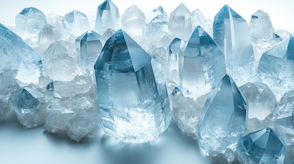 Poster - Crystal quartz points arranged elegantly on a white backdrop providing a serene and minimalistic aesthetic with ample copyspace for text.