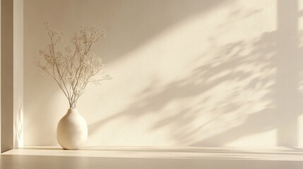 Poster - Minimalist room interior showcasing empty space for wallpaper with decorative wood accents and a flower vase in soft natural light.