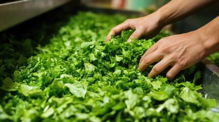 Aufkleber - Hands sorting freshly harvested green lettuce in a vibrant agricultural setting with ample space for adding text or messaging