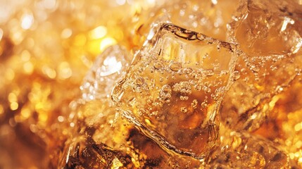 Poster - Melting ice cubes in a glass of beverage with warm tones and space for text or branding in a refreshment themed concept