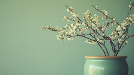 Poster - Green flower pot with branches and delicate blooms on a solid color background ideal for text placement and decorative purposes